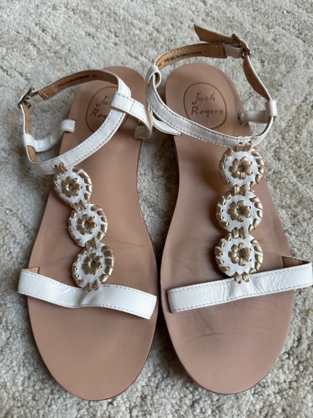 Jack Rogers White Leather Floral Medallion Ankle-Strap Sandals